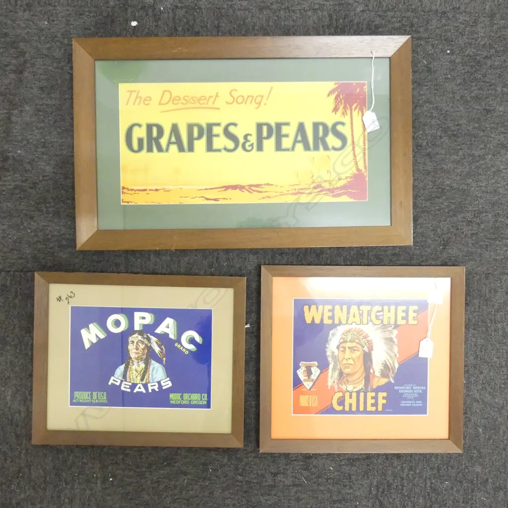 3 PRINTS; GRAPES & PEARS 215x455mm, MOPAC PEARS, WENATCHEE CHIEF Image 1++