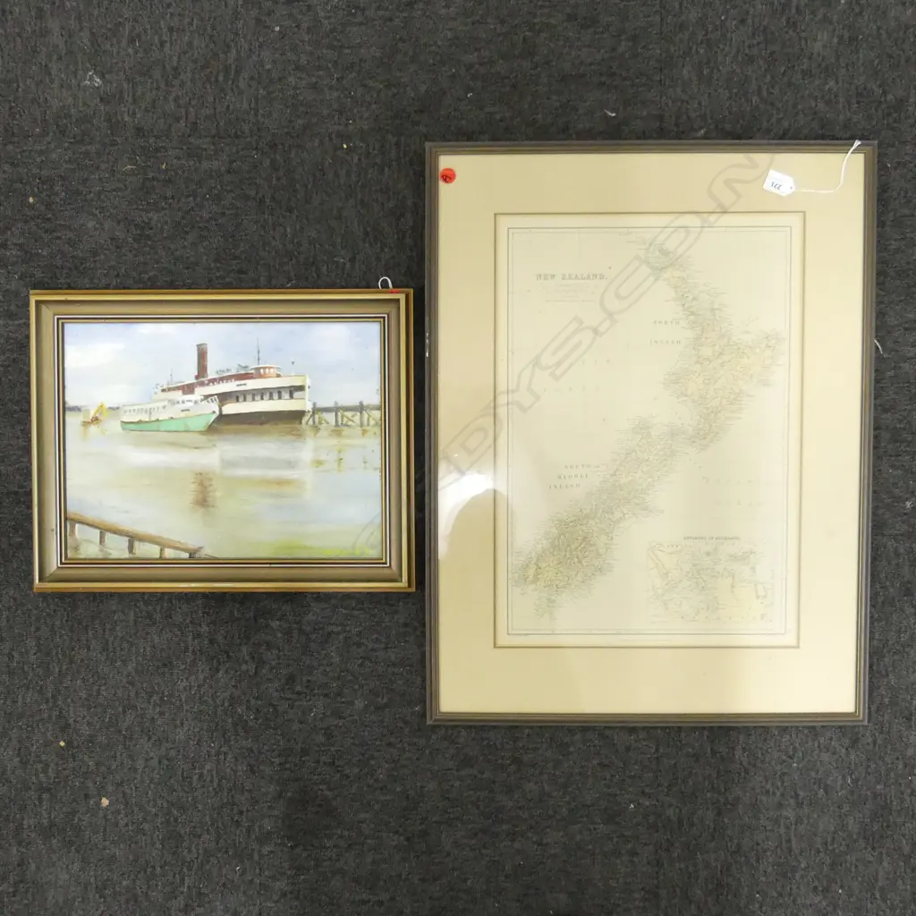 2 ARTWORKS; IAN BURGESS BOATS, OIL ON BOARD 290x390mm, NZ MAP 530x370mm Image 1++