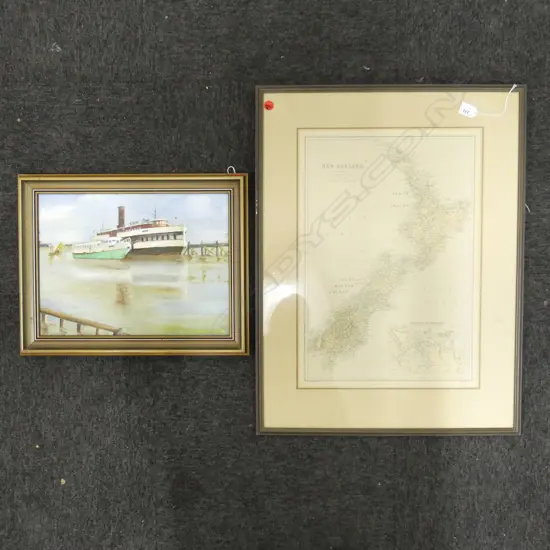 2 ARTWORKS; IAN BURGESS BOATS, OIL ON BOARD 290x390mm, NZ MAP 530x370mm