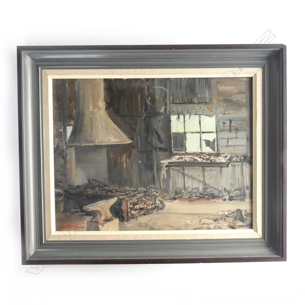 GEORGE GENET, BLACKSMITHS WORKSHOP, OIL ON BOARD 340x440mm Image 1++