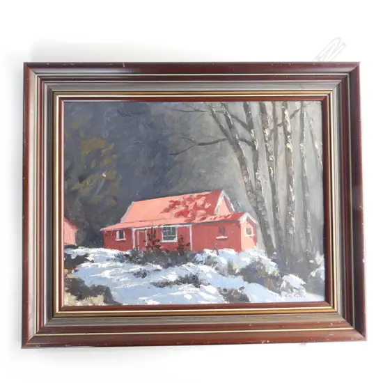 GEORGE GENET 'ARTHURS PASS COTTAGE' OIL ON BOARD 345x445mm