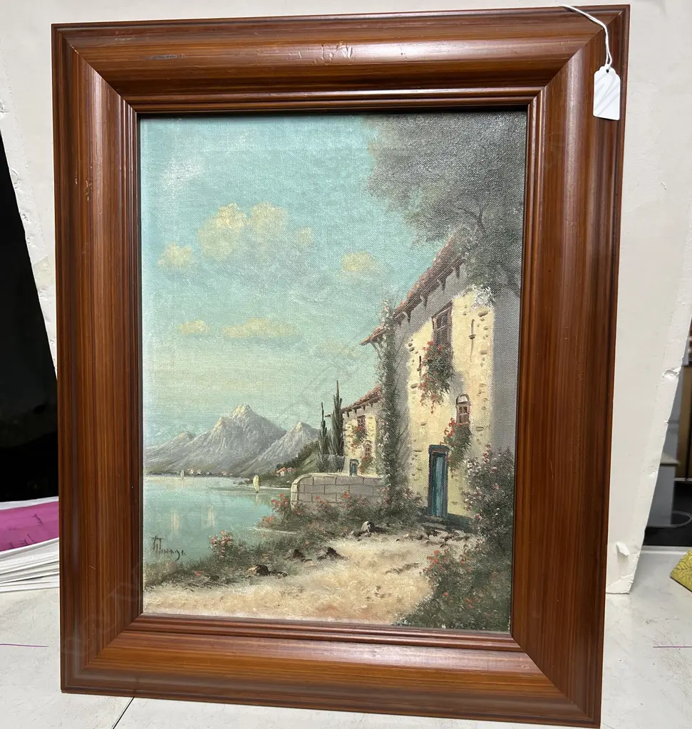 ITALIAN COASTAL OIL ON CANVAS SIGNED MUIAGA? 390 x 290mm small fault hole Image 1++