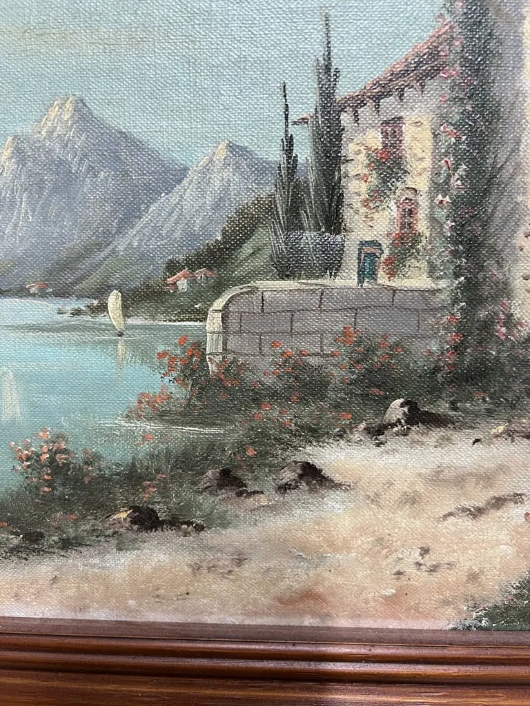 ITALIAN COASTAL OIL ON CANVAS SIGNED MUIAGA? 390 x 290mm small fault hole Image 1++