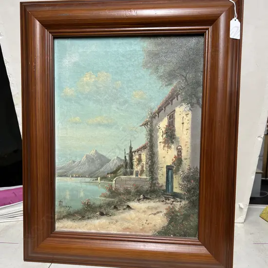 ITALIAN COASTAL OIL ON CANVAS SIGNED MUIAGA? 390 x 290mm small fault hole