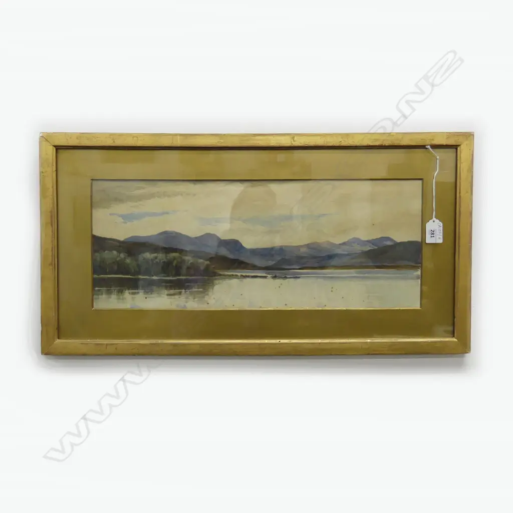 ARTIST UNKNOWN, ANTIQUE LAKE LANDSCAPE WC 190x490mm Image 1++