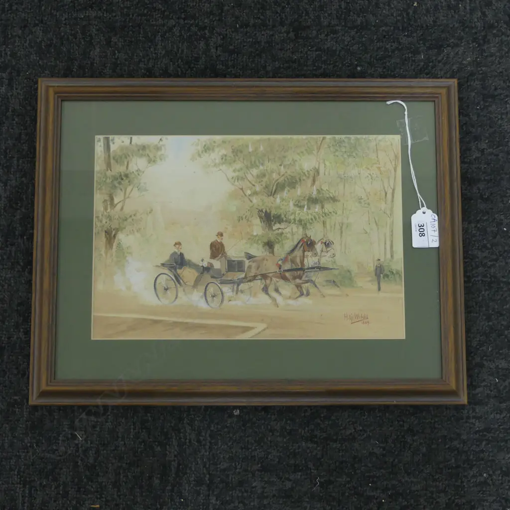 HANS GOTTFRIED WILDA (1862-1911), 2 GENTLEMEN ON A HORSE DRAWN CARRIAGE, WC SIGNED & DATED 1889 185x275mm Image 1++