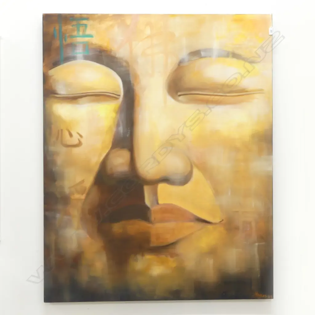 LG BUDDHA FACE ACRYLIC ON CANVAS ARTWORK SIGNED HAYES 1265x1015mm Image 1++