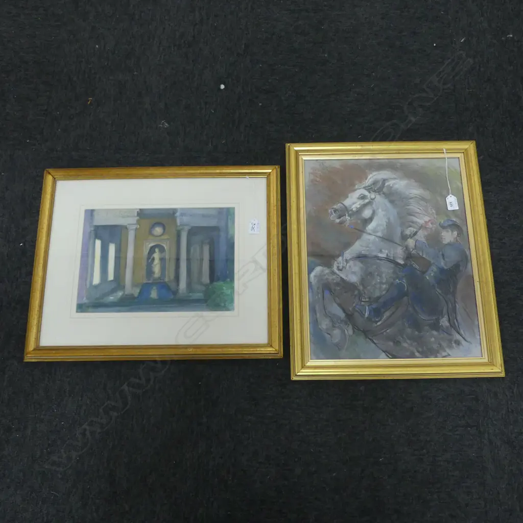 2 SIGNED PASTELS, VILLA LANTE TEMPLE & HORSE RIDER 460x360mm  Image 1++