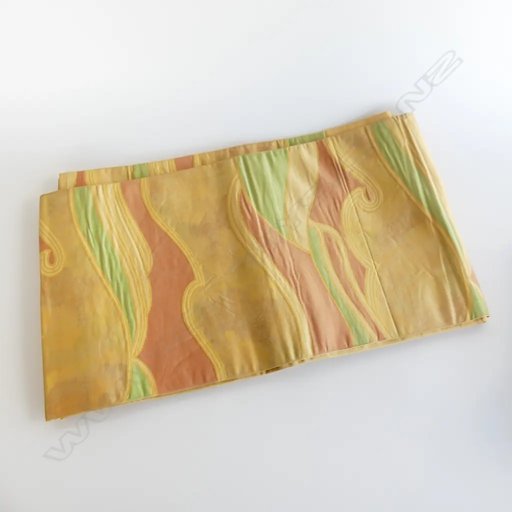 VINTAGE JAPANESE SILK OBI WAVES IN ORANGE AND GREEN PATTERN L.4270mm Image 1++