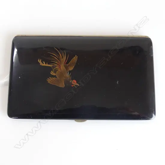EARLY / MID 20thC JAPANESE BLACK LACQUER METAL CIGARETTE CASE cockeral decorated