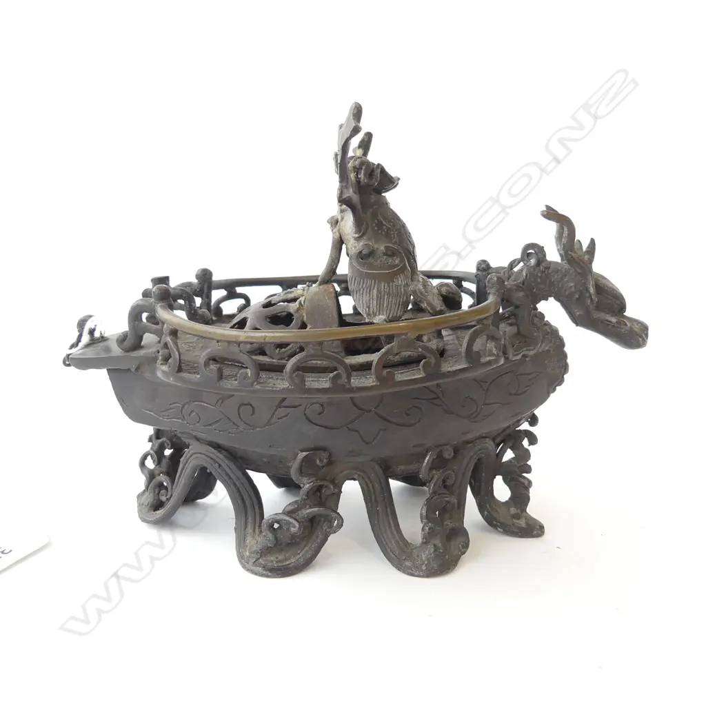 BRONZE CHINESE DRAGON INCENSE BURNER [AF] W.195mm Image 1++