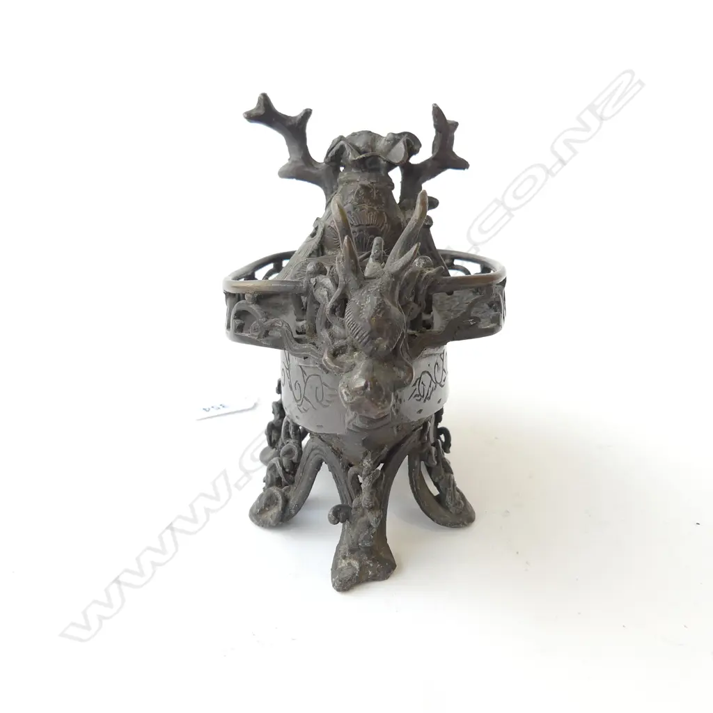 BRONZE CHINESE DRAGON INCENSE BURNER [AF] W.195mm Image 1++