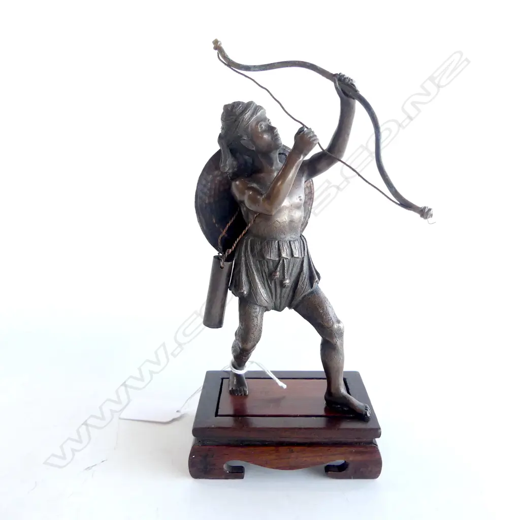 C1920 BURMESE PEGU BRONZE SCULPTURE OF AN ARCHER  w SHIELD & QUIVER on WOODEN STAND. H.200mm w stand Image 1++