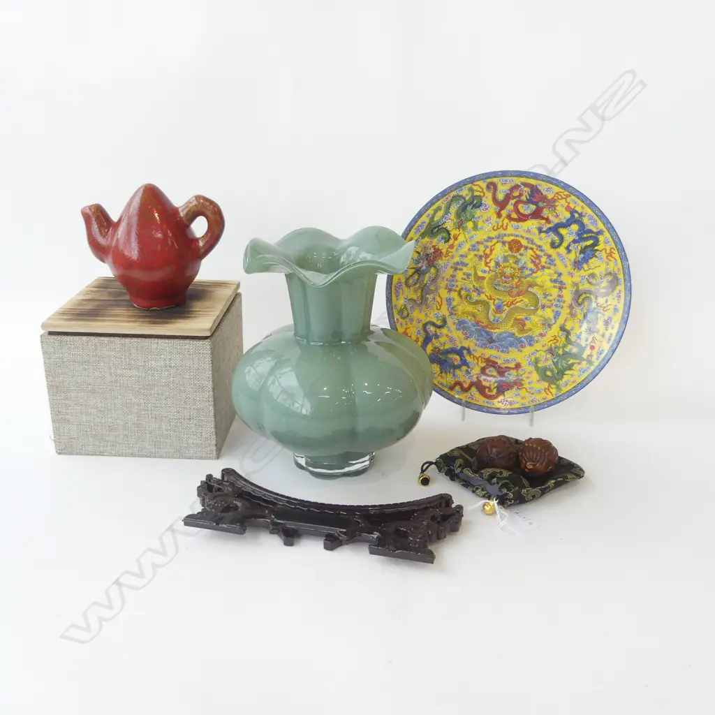 4 ORIENTAL PCES; GLASS VASE H.210mm, PLATE w. GLOW IN DARK DRAGONS 260mm dia, BOXED TEAPOT, PR CARVED WOODEN BALLS Image 1++