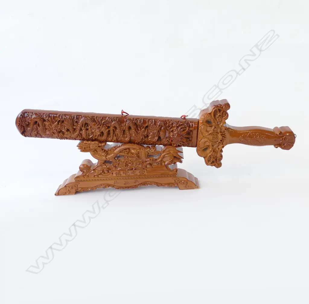 CHINESE CARVED WOODEN CEREMONIAL SWORD ON STAND L.600mm Image 1++