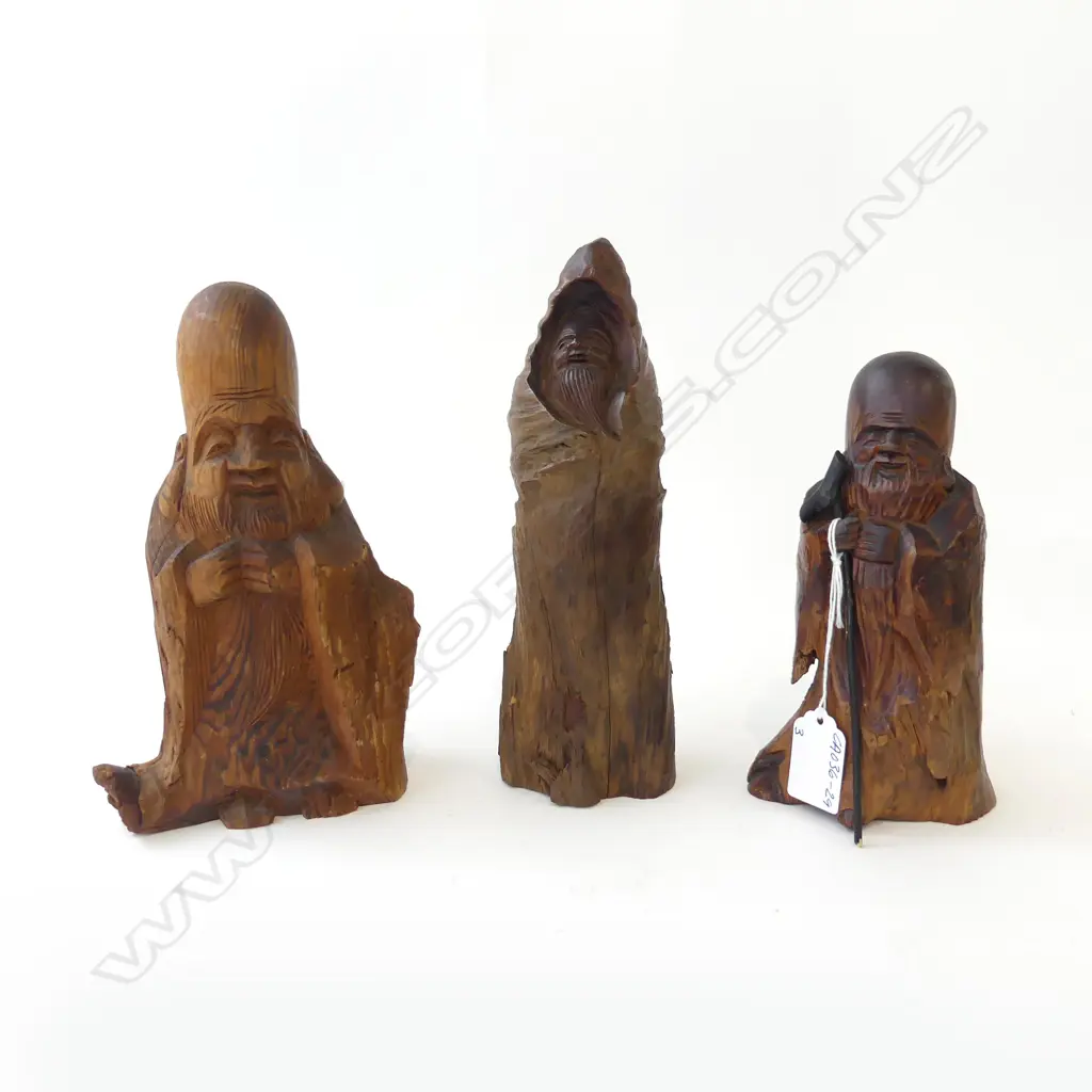 3 VINTAGE JAPANESE CARVED WOOD HAPPINESS FIGURES H.230 & H.170mm Image 1++