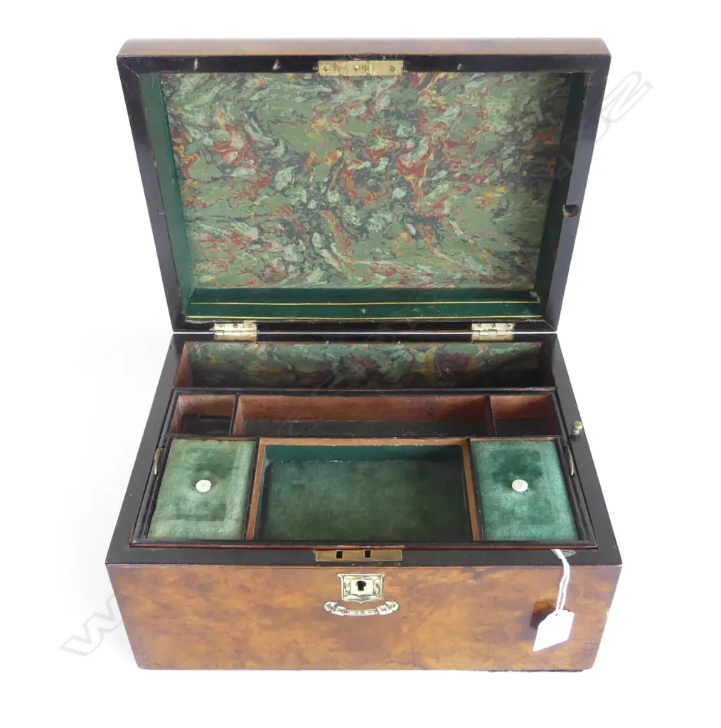 VICTORIAN BURR WALNUT JEWELLERY BOX fitted interior with secret drawer mop inlays etc W.305mm Image 1++