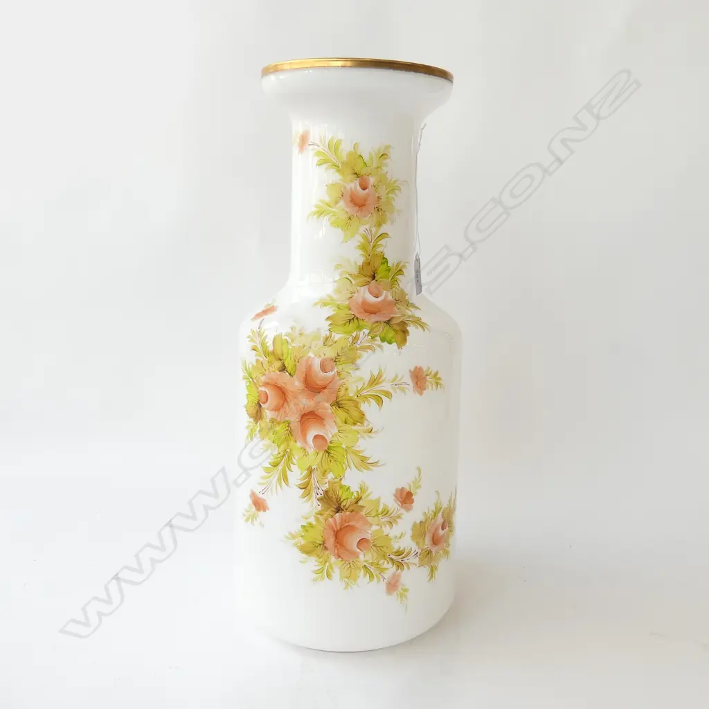 TALL VINTAGE HANDPAINTED GLASS VASE, MILK WHITE w FLORAL DECORATION, H.500mm Image 1++
