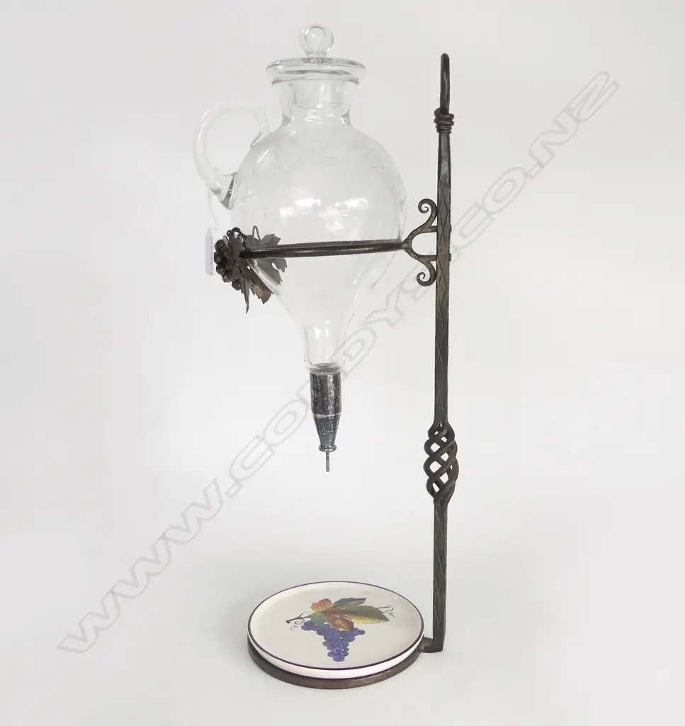 ANTIQUE STYLE WROUGHT IRON & ENGRAVED GLASS WINE DESPENSOR/AERATOR H.500mm Image 1++