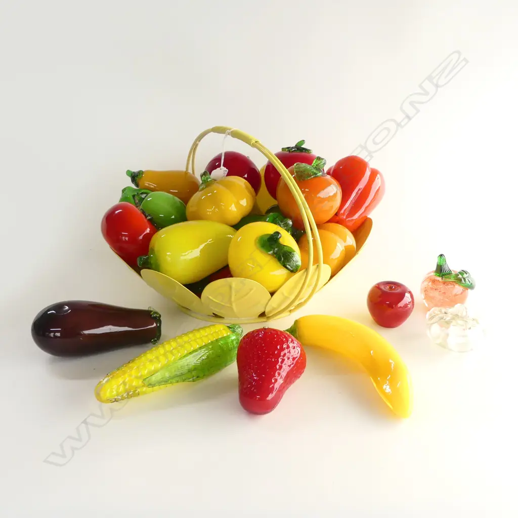 YELLOW METAL BASKET OF GLASS FRUITS W.380mm Image 1++