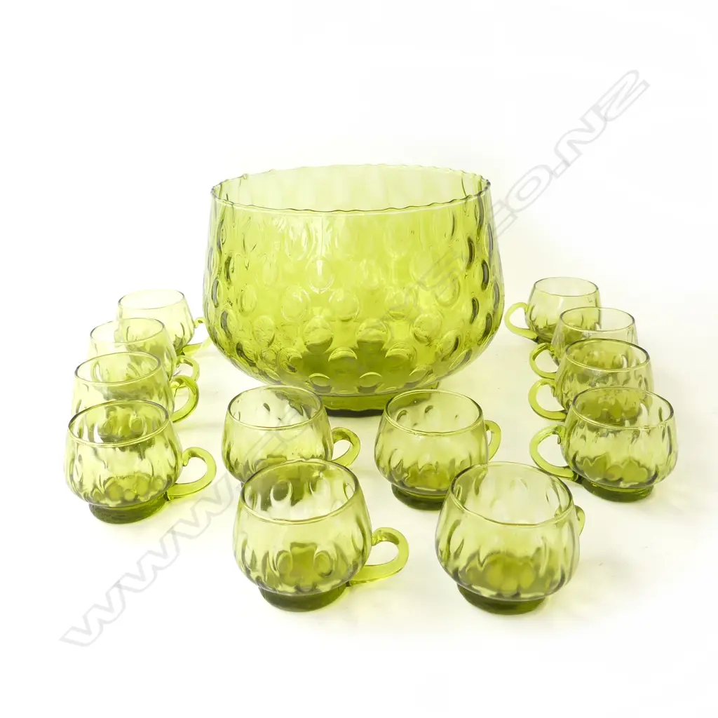 ITALIAN GREEN GLASS PUNCH BOWL H.200mm, 280mm dia & 12 GLASSES Image 1++