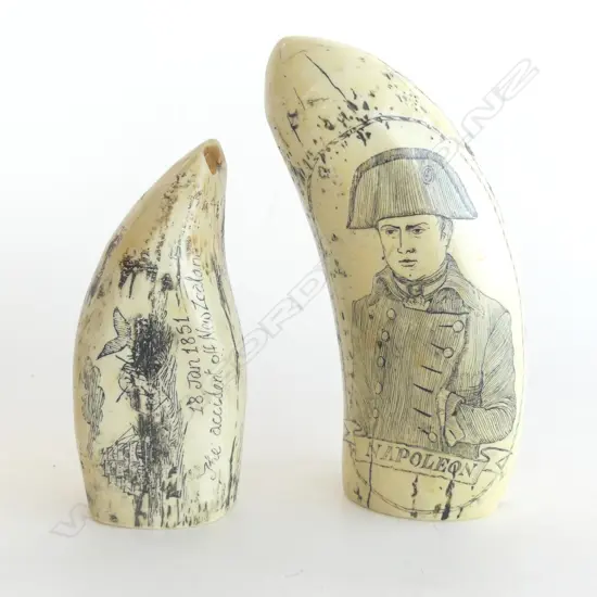 2 RESIN SCRIMSHAW, NAPOLEON & NZ WHALING SHIP ROMAN 1851 H.140 / 110mm