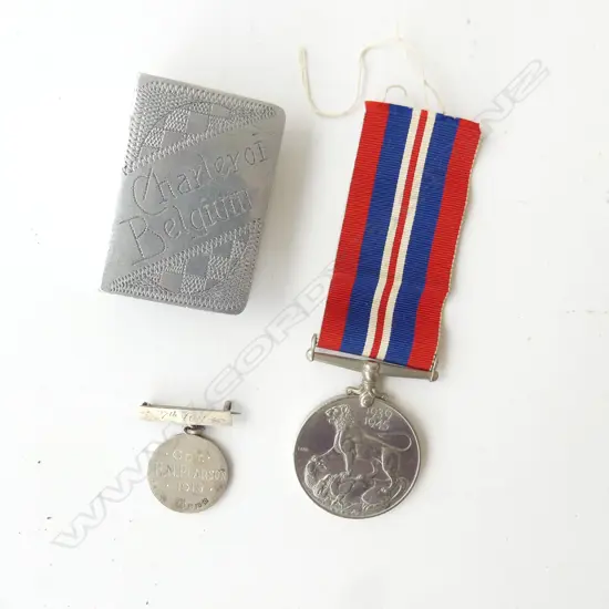 1939-49 SERVICE MEDAL + ARMISTICE matchbox holder + NZ LADIES CADET silver MEDALLION Cadet H.N Pearson 1918