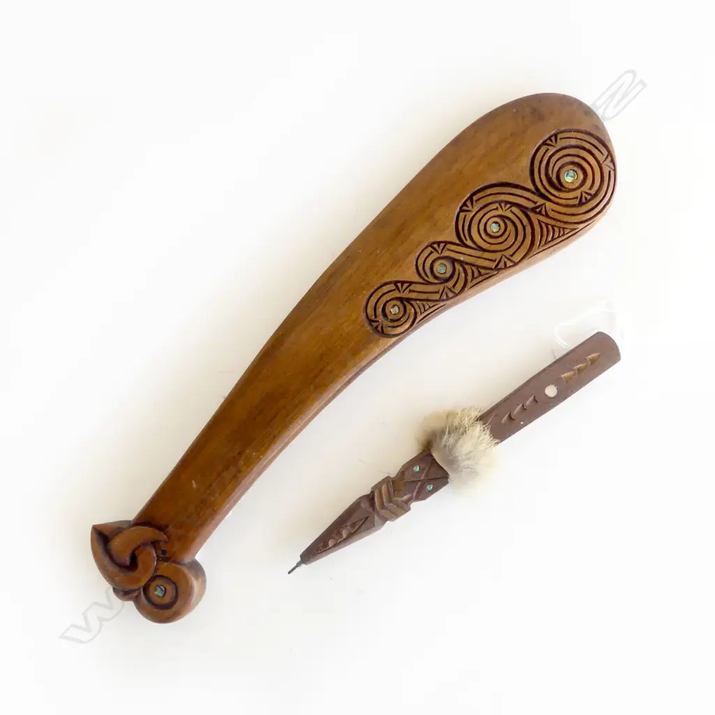 MAORI SOV CARVED WOOD MERE L350MM & PEN L200MM Image 1++