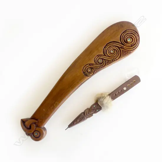 MAORI SOV CARVED WOOD MERE L350MM & PEN L200MM