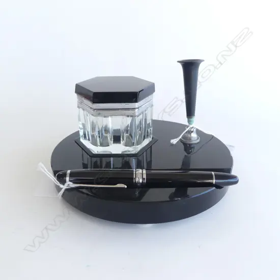ART DECO JET GLASS & CRYSTAL INKWELL (sml chip on side) & MONT BLANC PEN