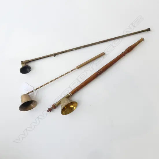 THREE CANDLE SNUFFERS, ONE WITH TAPER STICK, L.260MM-370MM