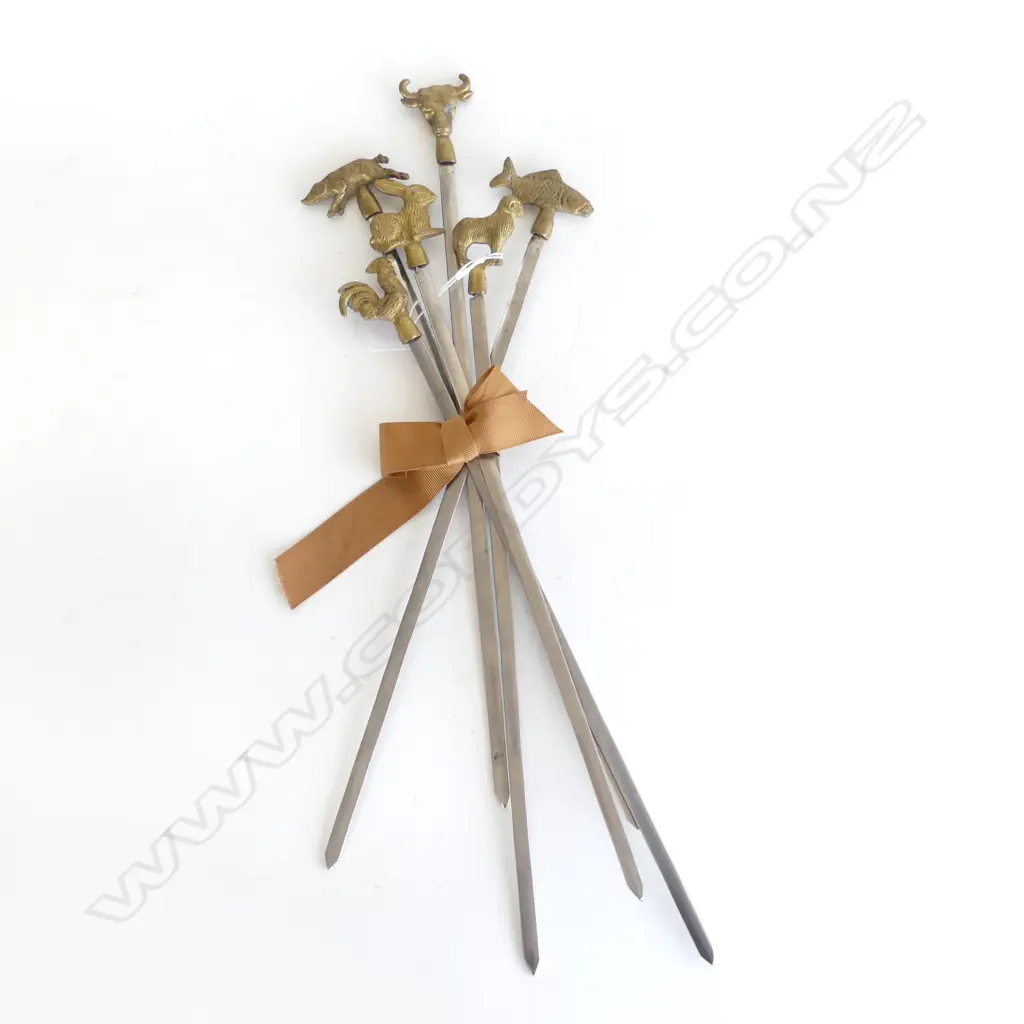 SET 6 INDIAN BRASS ANIMAL & STEEL BLADED MEAT SKEWERS  Image 1++
