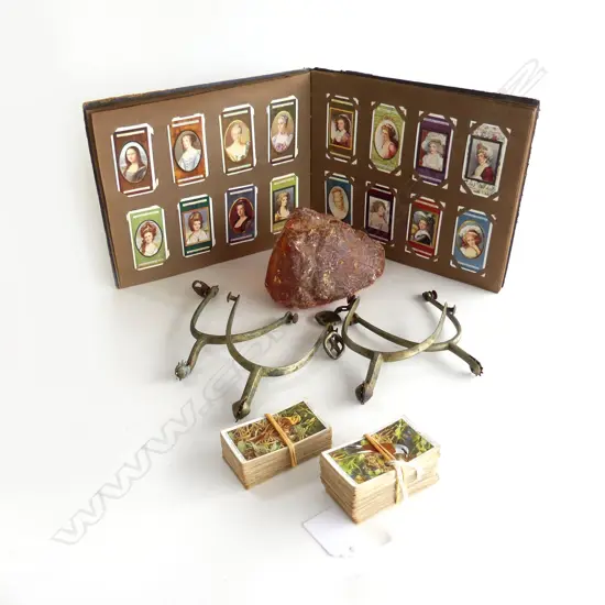 CIGARETTE CARD ALBUM + LOOSE, 2 PRS STIRRUPS, KAURI GUM PIECE