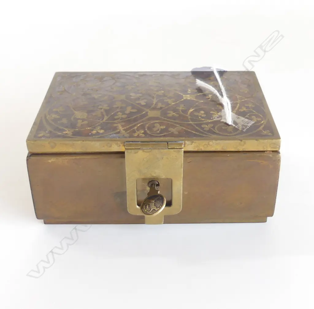 ERHARD & SOHN early 20thC German brass BOX W TORTOISHELL INLAID LID W KEY L.130mm Image 1++