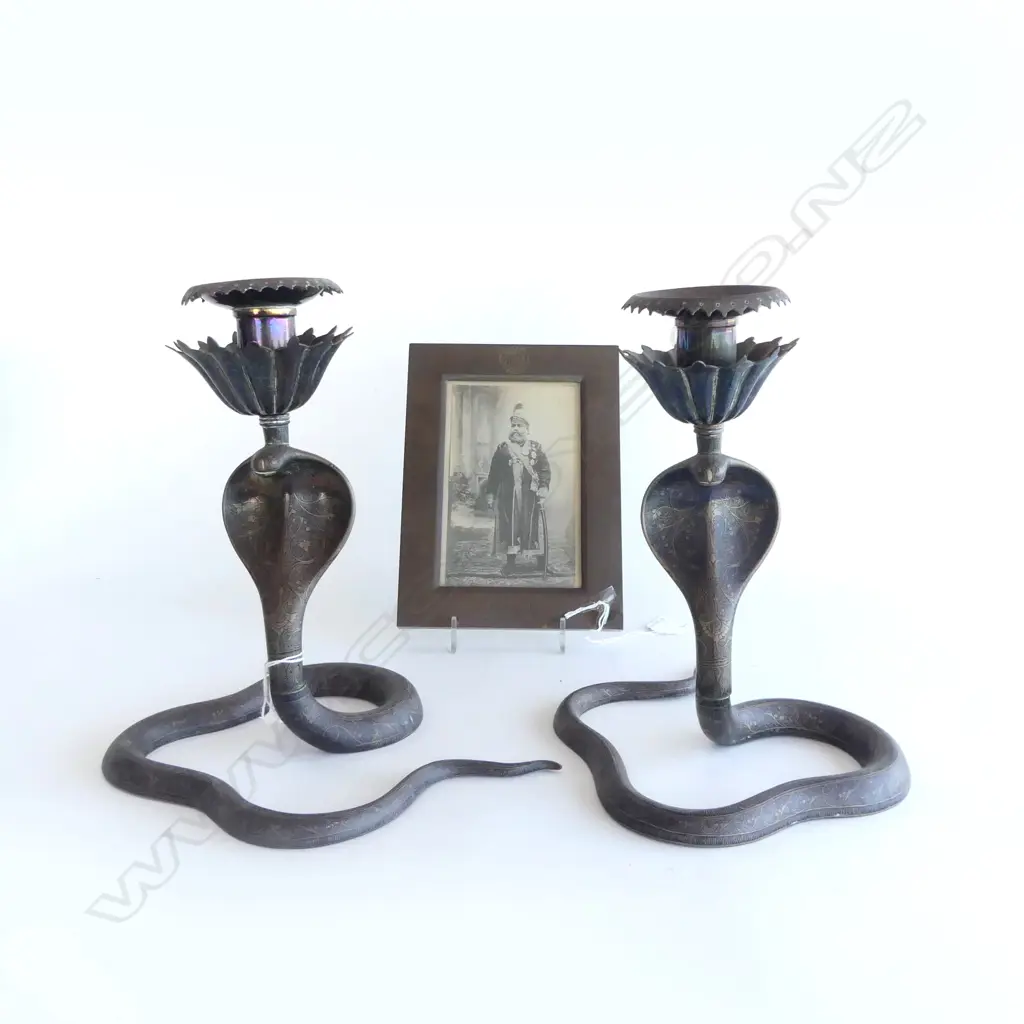 PR OF BRASS COBRA CANDLESTICKS  H230MM & 1910 BRASS PHOTO FRAME H195MM Image 1++