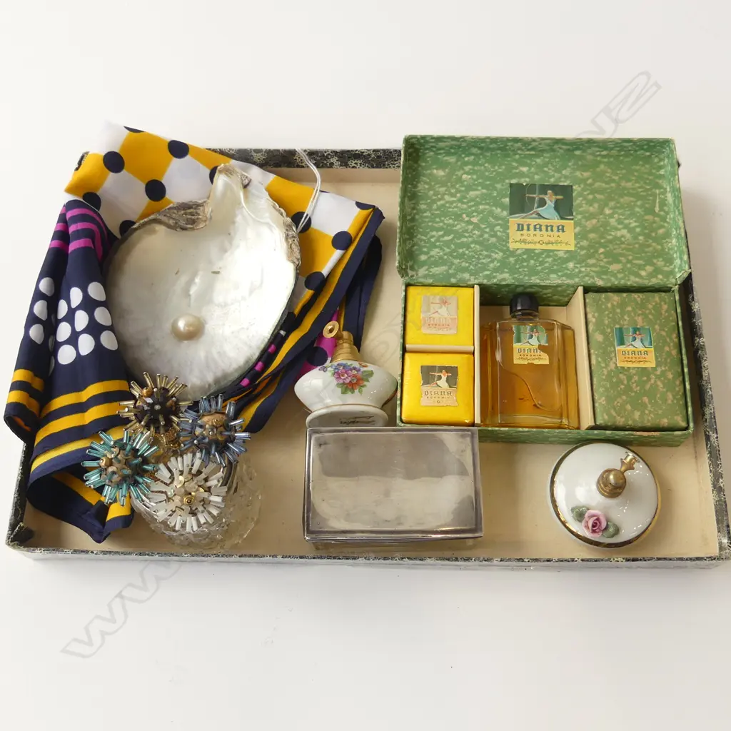 TRAY – FRENCH SCARF, PEARL SHELL, PERFUMES, HATPINS & TRINKET BOX Image 1++