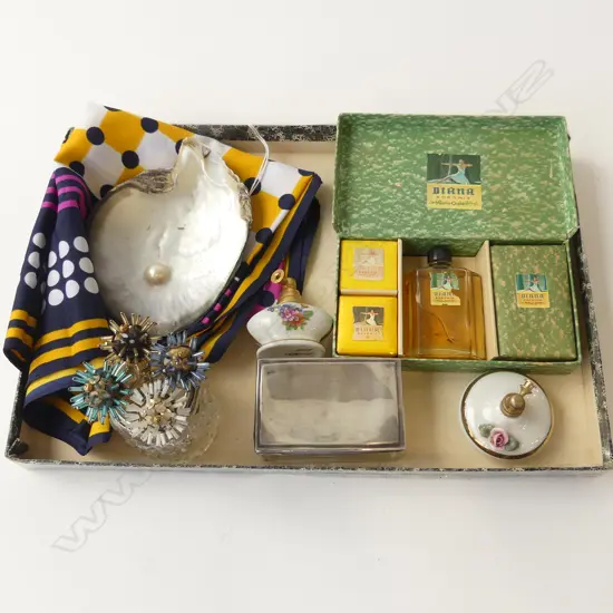 TRAY – FRENCH SCARF, PEARL SHELL, PERFUMES, HATPINS & TRINKET BOX