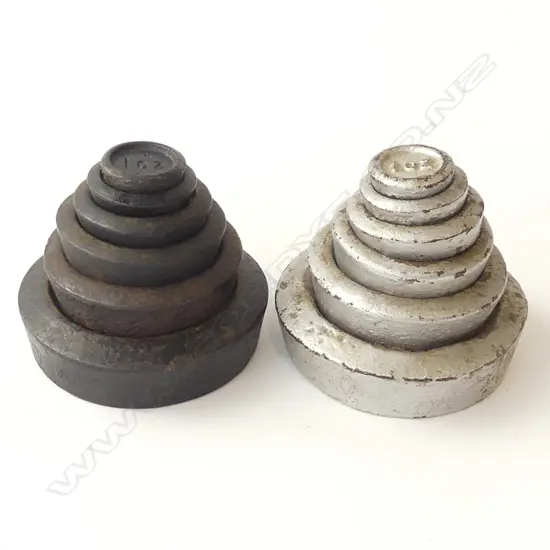 TWO SETS OF 6 ANTIQUE CAST IRON WEIGHTS 2LB-1OZ, D.82MM (LARGEST)
