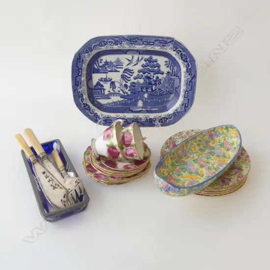 9 PCES R. ALBERT, 6 R. WINTON CHINTZ SIDE PLATES & DISH, ASHET 240x320mm, BLUE GLASS DISH, 3 PCES FISH CUTLERY