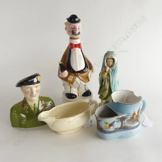 5 PC CERAMICS; WOODS & SONS 'LORD MONTGOMERY' PORTRAIT JUG, VINTAGE SHAVING MUG, CLARICE CLIFF JUG + 2 OTHERS