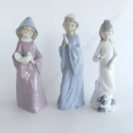 3 NAO by LLARDRO FIGURINES, GIRL w DOVE, IN PRAYER & w PUPPY, H.260mm