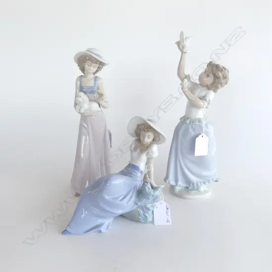 3 NAO by LLARDRO FIGURINES, GIRL w DOVE, w PUPPY & RECLINING w BIRD. H. 280mm