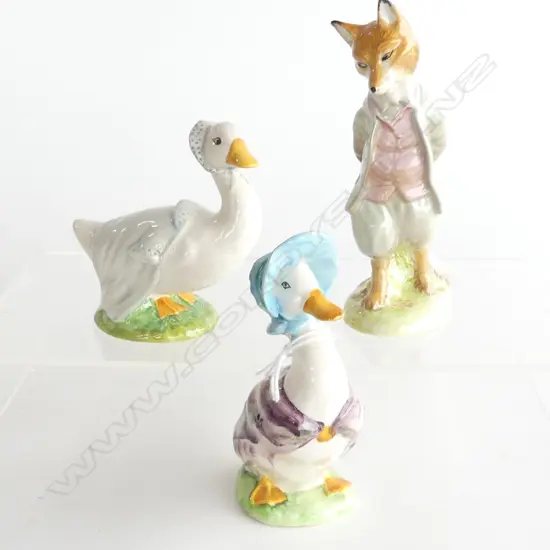 3 BESWICK BEATRIX POTTER FIGURINES; JEMIMA & REBECCAH PUDDLEDUCK, FOXY GENTLEMAN H.125mm