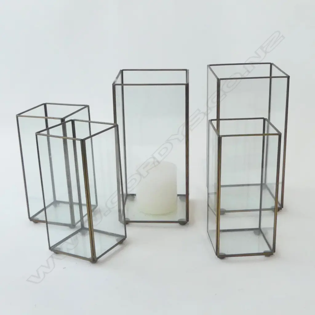 5 CLEAR GLASS & METAL CANDLE HOLDERS; TALLEST H.250MM Image 1++