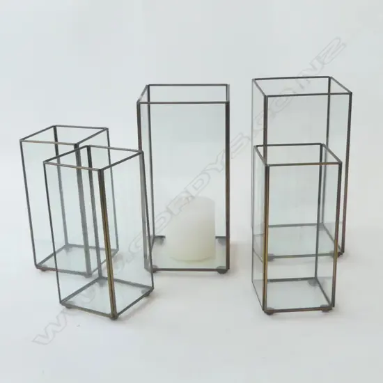 5 CLEAR GLASS & METAL CANDLE HOLDERS; TALLEST H.250MM