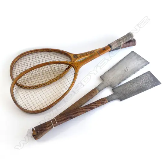 PR VINTAGE JAPANESE WOVEN CANE HANDLED IMPLEMENTS L.660mm & PR VINTAGE JAPANESE TENNIS RACKETS