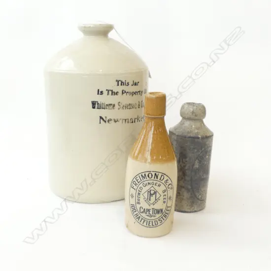 2 STH AFRICAN GINGER BEER BOTTLES + NZ STONE JAR H170-300MM