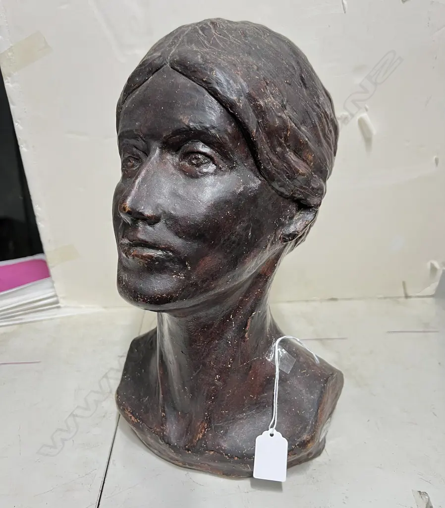 PAM WATSON (Waikato) ART SCHOOL PASTER BUST OF A WOMAN bronze toned finish c1940/50 H.345mm Image 1++