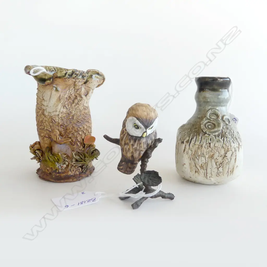 3 PC; 2 SM STUDIO POTTERY VASES H.110mm & SM CERAMIC OWL FIGURINE H.75mm  Image 1++