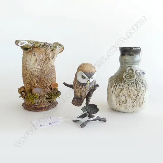 3 PC; 2 SM STUDIO POTTERY VASES H.110mm & SM CERAMIC OWL FIGURINE H.75mm 